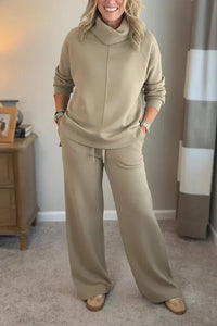 Aivra | Damen Turtleneck Langarm Weitbeiniger Zweiteiler mit Taschen - Khaki