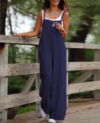 Elfriede | Damen Leinenjumpsuit Latzhose Wide-Leg-Pants Träger Hosenanzug - 9