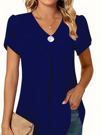 Thilakshi - Kurzärmelige Bluse Mit Rüschen Und Einem Knopf - Blau