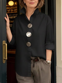 Shalani - Elegante Bluse Aus Leinen Und Baumwolle Mit Metallknöpfen - Schwarz