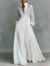 Brunhilde | Patchwork Leinen Maxi Kleid Stehkragen - Weiß
