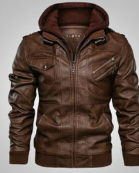 Stefan | Herren Klassische Biker Lederjacke mit Kapuze - Braun