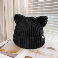 Gestrickte Wintermütze mit Katzenohren von PurrWarm - Schwarz