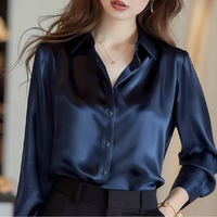 Elegantes Satin-Hemdblusenshirt für Damen | Lange Ärmel - Marineblau