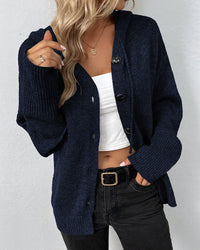 Mia | Damen Kapuzenstrickjacke mit Knöpfen - Marineblau
