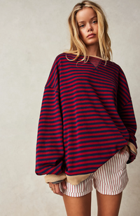Damen Lässig Rundhals Langarm Shirt Pullover - Rot