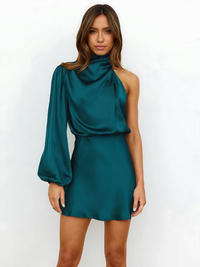 Eline | Damen Satin One-Shoulder Kleid – Luxuriöses Satin Einseitig Schulterfreiheit - Dark Blue
