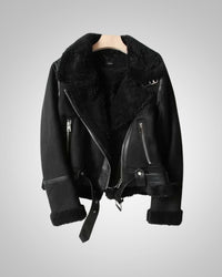 Vanessa | Damen Leder Sherpa Bikerjacke - Schwarz