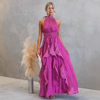 Celestia | Damen Gerüschtes Neckholder Maxikleid – Rüschen Halter Maxi Kleid - Rosa
