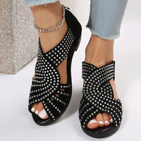 Denuta – Zehenfreie Keilabsatzsandalen Mit Strasssteinen - Schwarz