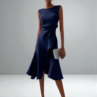 Juliette | Damen Drapiertes Midikleid – Anmutiges Drapiertes Midi Kleid - Marineblau