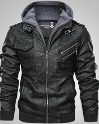 Stefan | Herren Klassische Biker Lederjacke mit Kapuze - Schwarz