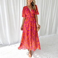 Clara | Damen Maxi Frühlingskleid – Frühling Maxi Kleid Leicht - Rosa-Orange
