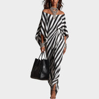 Damen Off-Shoulder Gestreiftes Maxikleid mit Bindegürtel - Schwarz/Weiß