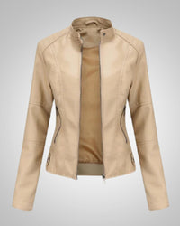 Luisa | Damen Klassische Hohem Kragen Lederjacke - Beige