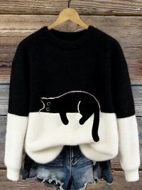 Damen Oversized Pullover mit Farbblockdesign und Katzenmotiv - Schwarz