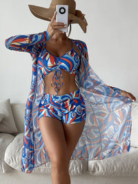 Catherine – 3-teiliges Bikini-Set mit Langarm-Cardigan für den Sommerstrand - Dunkelblau