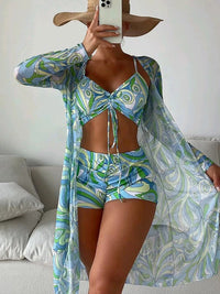 Catherine – 3-teiliges Bikini-Set mit Langarm-Cardigan für den Sommerstrand - Blau