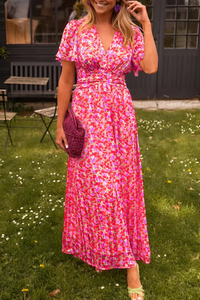 Lange Damenrobe | Buntes Blumenmuster | Tailliert & Fließender Schnitt Sommer - Rosa