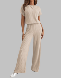 Paula | Damen Rippstrick-Set Kurzarm Top Weite Hose Casual - Aprikose
