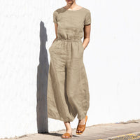 Gerader Jumpsuit mit Falten am Revers ohne Gürtel - Nora - Khaki Kurzarm