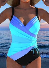 Eleganter Surplice-Badeanzug mit auffälligem buntem Druck - Blau