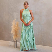Celestia | Damen Gerüschtes Neckholder Maxikleid – Rüschen Halter Maxi Kleid - Green