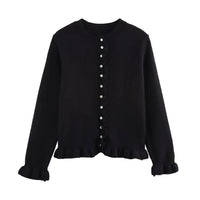 Rüschen Frauen Cardigan mit Knöpfen, Schickes Schichted Oberteil - Schwarz