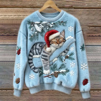 Elisabetta – Plüschpullover Mit Fauler Katze - Blau