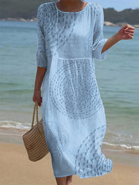 Mira | Luftiges Leinenkleid mit Stickdetails & 3/4-Ärmeln - Hellblau