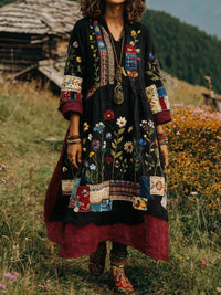 Eresha - Lässiges Langarm Kleid Mit Blumenmuster - Schwarz