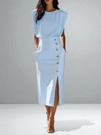 Noemi | Damen Knopf Midikleid – Elegantes Knopfleiste Midi Kleid - Light Blue
