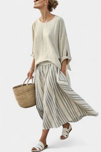 Simone | Bequeme Lockere Bluse & Gestreifte Midi-Rock - Beige