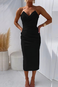 Laura | Damen Trägerloses Drapiertes Festliches Kleid - Black