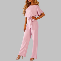 Amber | Damen Overall Fledermausärmel Bindegürtel Weites Bein - Rosa