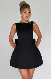 Madeleine | Damen Elegantes Mini Hochzeitsgast Kleid mit Schleife - Schwarz