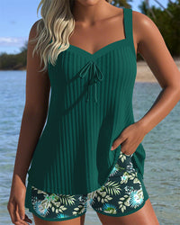 Olina | Gestreifter Tankini mit passenden 2-teiligen Badeshorts - Grün