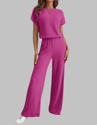 Paula | Damen Rippstrick-Set Kurzarm Top Weite Hose Casual - Rosarot