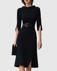 Victoria | Damen Elegant Asymmetrisches Midi Kleid - Schwarz