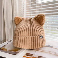 Gestrickte Wintermütze mit Katzenohren von PurrWarm - Khaki