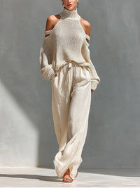 Alessia | Damen Zweiteiliges Set mit Off-Shoulder und Weiten Hosen - Beige