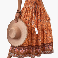 Damen Boho Lange Blumige Elegante Sommermode Rock mit Taschen - Orange