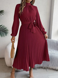 Damen Langarm Falten Kleid mit Gürtel - Bordeaux