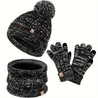 3-teiliges Winterset für Damen mit Mütze, Schal und Handschuhen - Schwarz und Weiß