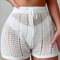 Ajour Kurze Hose mit hoher Taille für Damen, schicke und lässige Strandmode für Urlaub und Freizeit - Weiß