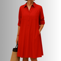 Emilia | Damen Elegantes Hemdblusen Knopf Midikleid - Rot