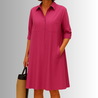 Emilia | Damen Elegantes Hemdblusen Knopf Midikleid - Rosa