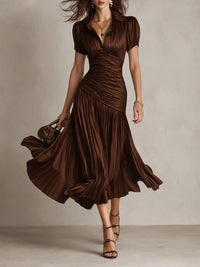 Adriana | Damen Retro Gestreiftes Satin Midikleid – Retro Streifen Satin Midi - Brown