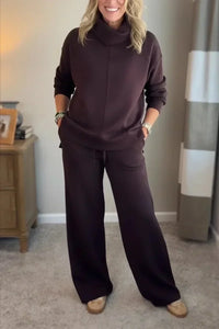 Aivra | Damen Turtleneck Langarm Weitbeiniger Zweiteiler mit Taschen - Kaffee