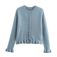 Rüschen Frauen Cardigan mit Knöpfen, Schickes Schichted Oberteil - Blau